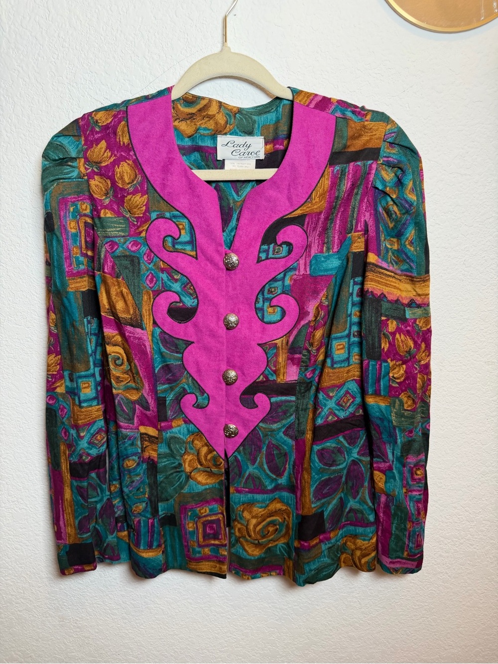 Lady carol of New York 1980s Vibrant Fuchsia & Teal Patterned Women's Blazer